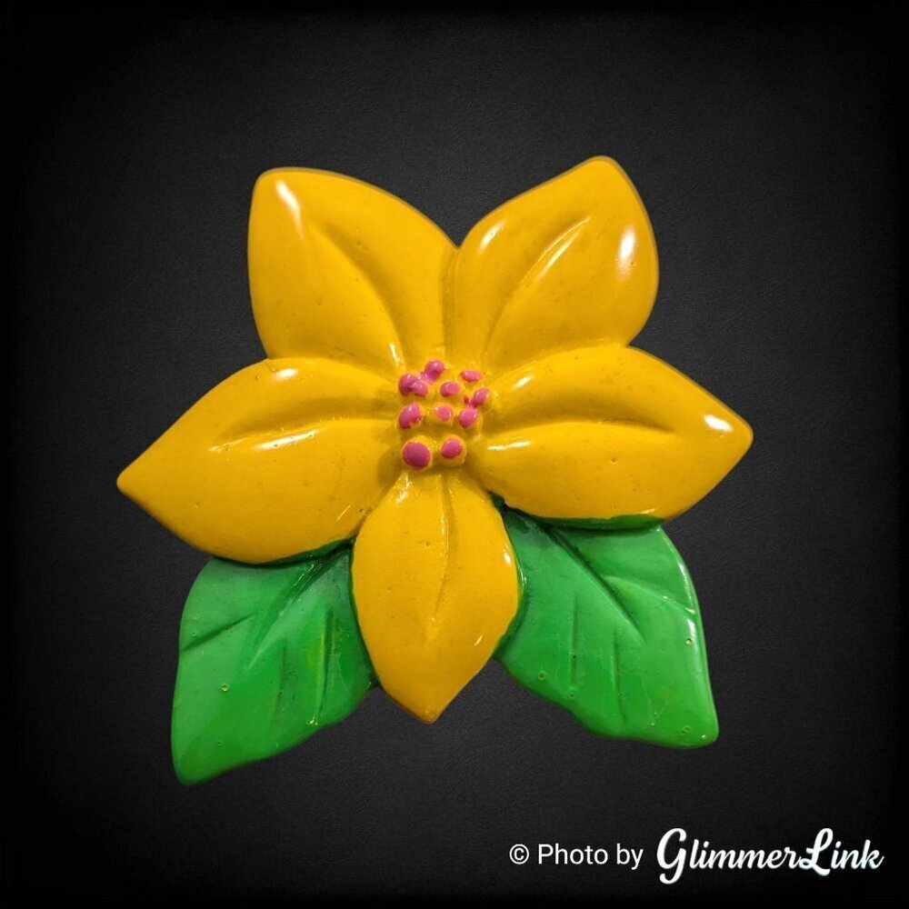 Vintage Yellow Flower Resin Brooch with Green Leaves and Pink Center Dots